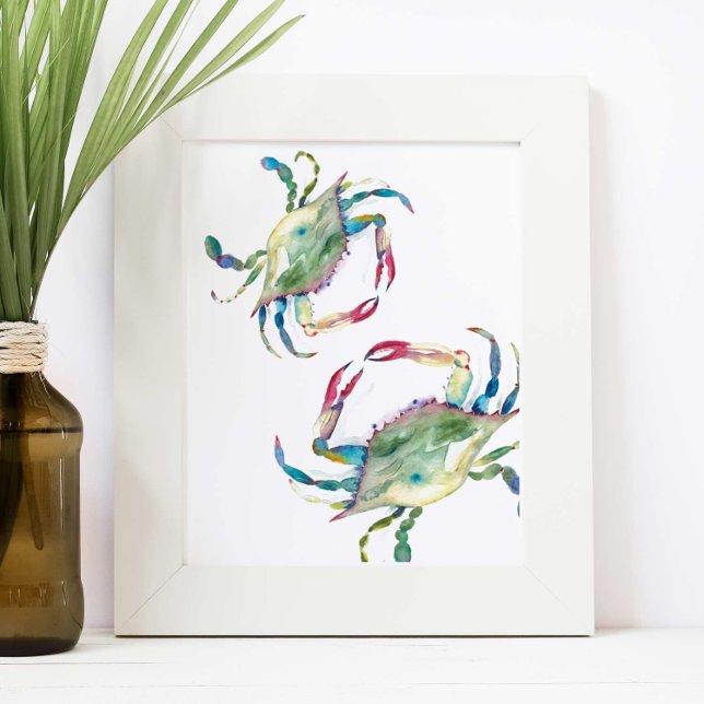 Póster Acuarela Coastal Blue Crab Beach House (Unique crab wall art features watercolor blue crabs by Victoria Grigaliunas of Do Tell A Belle)
