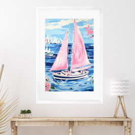 Póster Acuarela Colorida Pink Sailboat Coastal Azul