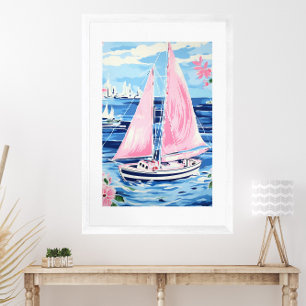 Póster Acuarela Colorida Pink Sailboat Coastal Azul