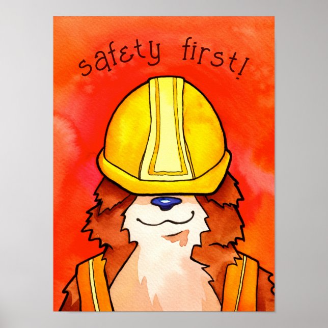 Póster Acuarela Corgi de construcción - ¡Seguridad primer (Frente)