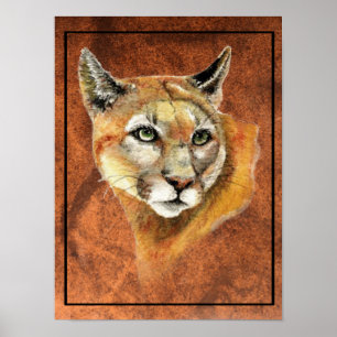 Póster Acuarela Cougar Mountain León Puma Trampas Poste