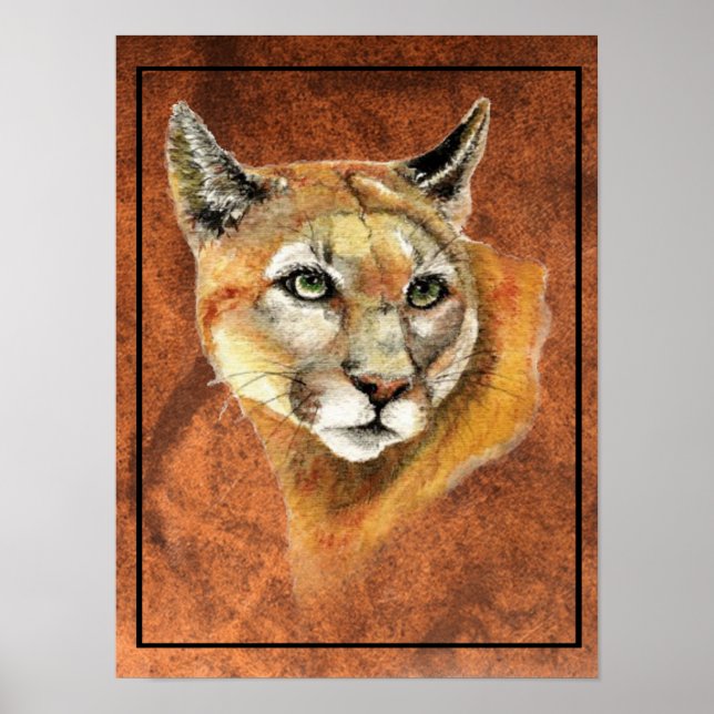 Póster Acuarela Cougar Mountain León Puma Trampas Poste (Frente)