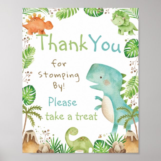 Póster Acuarela Cute Dinosaurios Verdor Gracias Tratado (Frente)