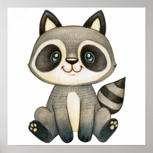 Póster Acuarela Cute Raccoon