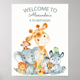 Póster Acuarela Cute Safari Jungle Animales Cumpleaños