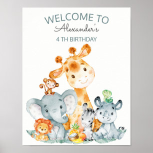 Póster Acuarela Cute Safari Jungle Animales Cumpleaños