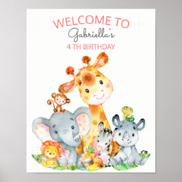 Póster Acuarela Cute Safari Jungle Animales Cumpleaños