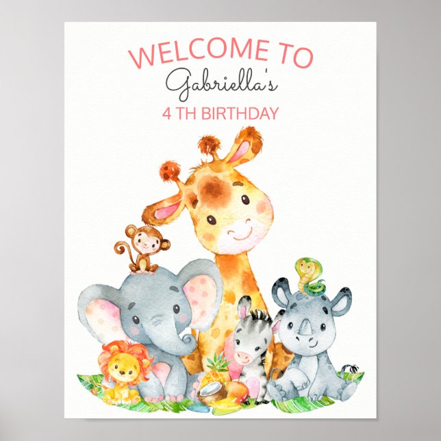 Póster Acuarela Cute Safari Jungle Animales Cumpleaños (Frente)