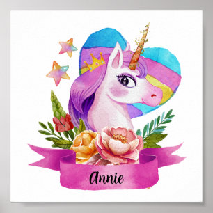 Póster Acuarela Cute Unicorn Nombre personalizado