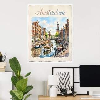 Póster Acuarela de Ámsterdam Países Bajos