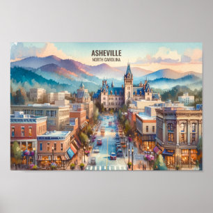 Póster acuarela de Asheville North Carolina Travel Places