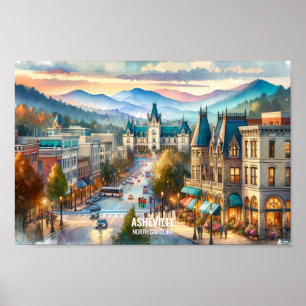Póster acuarela de Asheville North Carolina Travel Places