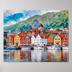Póster Acuarela de Bergen Noruega
