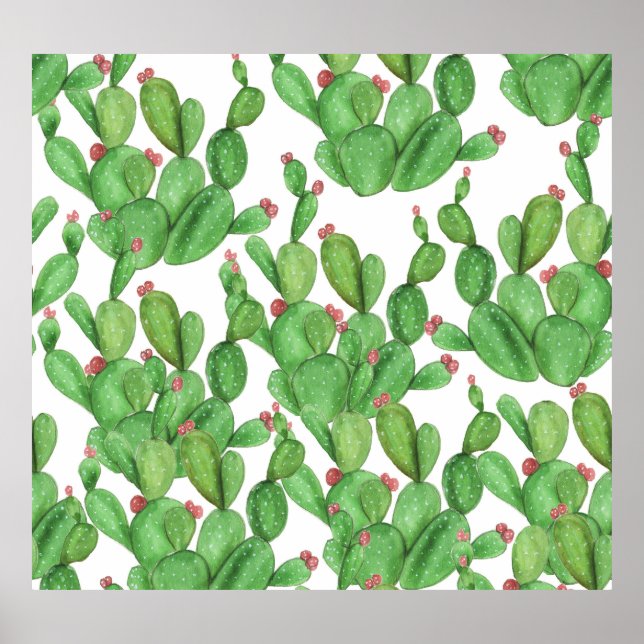 Póster Acuarela de Cactus: fondo de patrón sin soldadura (Frente)