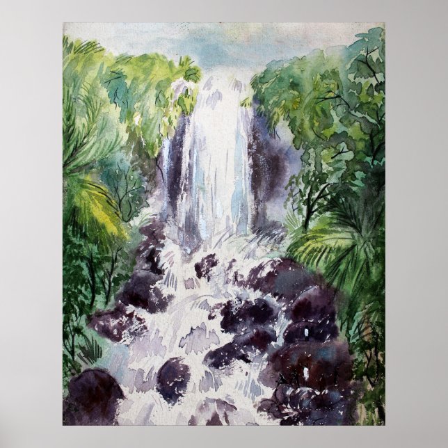 Póster acuarela de cascada sobre papel (Frente)