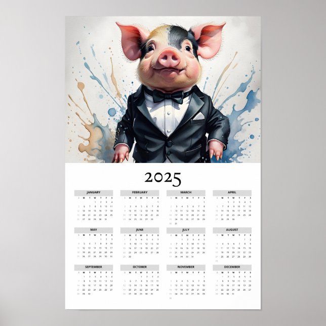 Póster Acuarela de cerdo con calendario de pared de Tuxed (Frente)