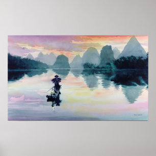 Póster Acuarela de China de "pescador temporal"