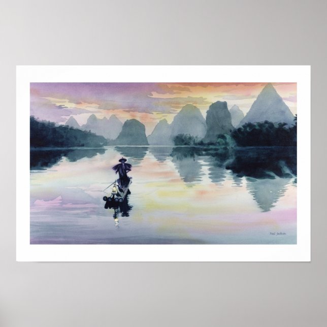 Póster Acuarela de China de "pescador temporal" (Frente)