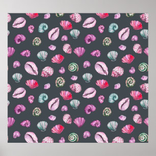 Póster Acuarela de conchas marinas: Patrón azul oscuro