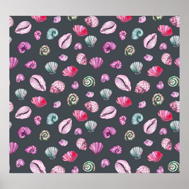 Póster Acuarela de conchas marinas: Patrón azul oscuro (Frente)