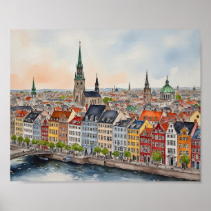 Póster Acuarela de Copenhague Dinamarca