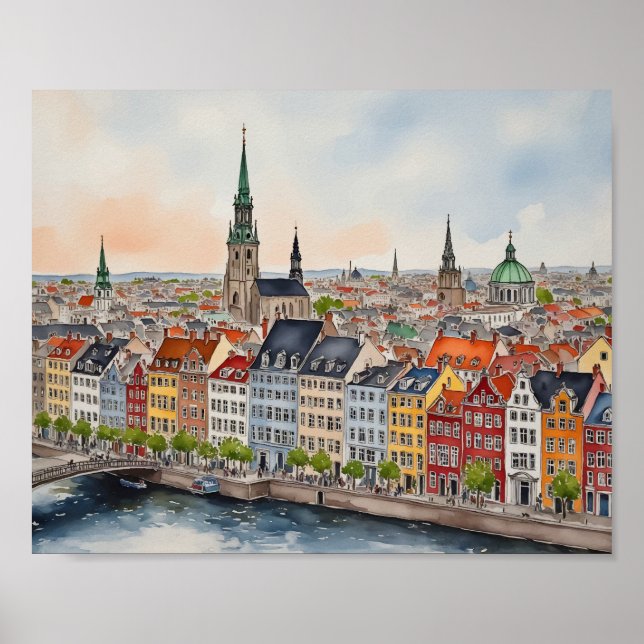 Póster Acuarela de Copenhague Dinamarca (Frente)