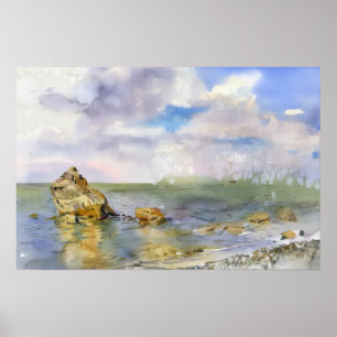 Póster Acuarela de costa rocosa y nubes de verano