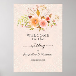Póster acuarela de Damasco floral del Boda de bienvenida