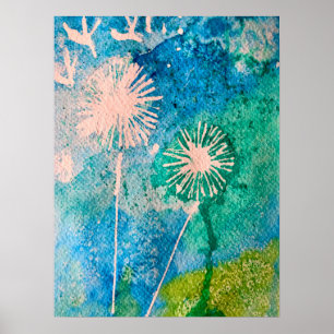 Póster acuarela de Dandelion azul y verde abstracto
