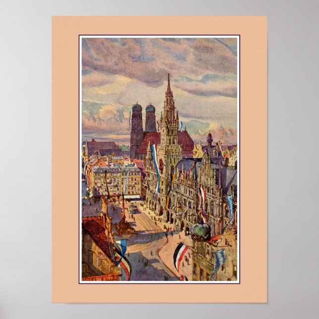 Póster Acuarela de época Munich Marienplatz (Frente)