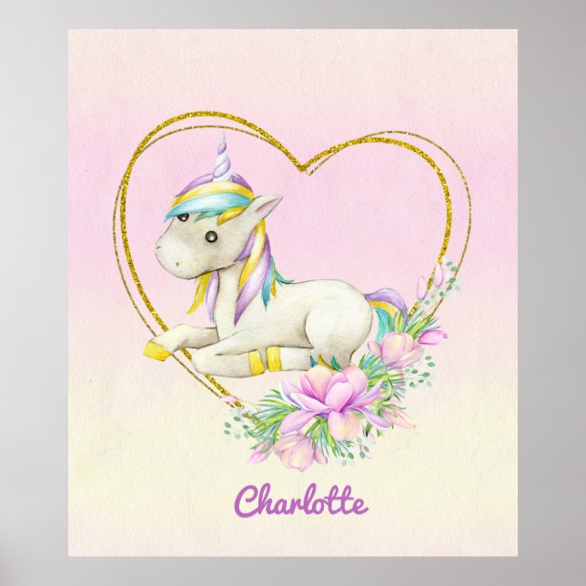 Póster Acuarela de flores de unicornio (Frente)