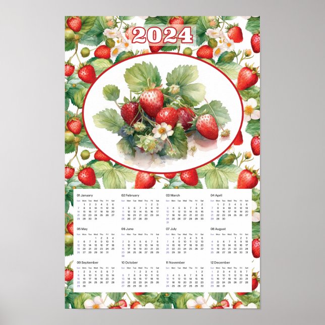 Póster Acuarela de fresas de época del calendario 2024 (Frente)