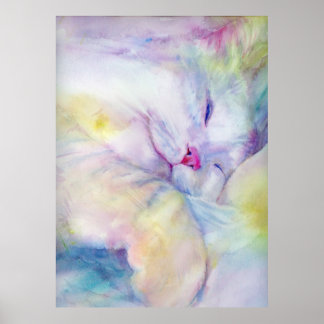 Póster acuarela de gato blanco durmiendo sobre una sábana