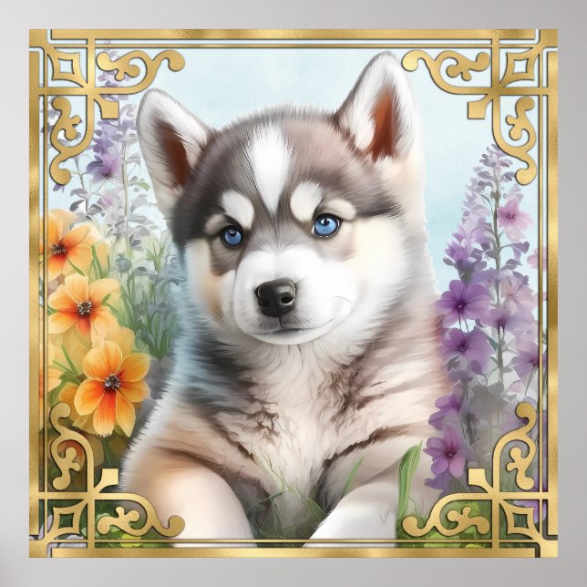 Póster Acuarela de Husky Siberiano floral con marco dorad (Frente)