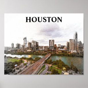 Póster Acuarela de la Ciudad de Viajes de Houston Texas