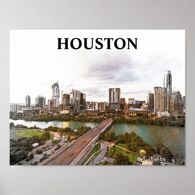 Póster Acuarela de la Ciudad de Viajes de Houston Texas (Frente)