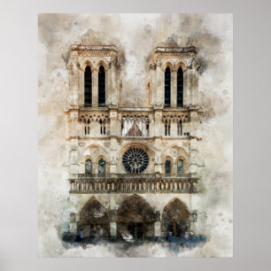 Póster Acuarela de la fachada histórica de la Catedral de