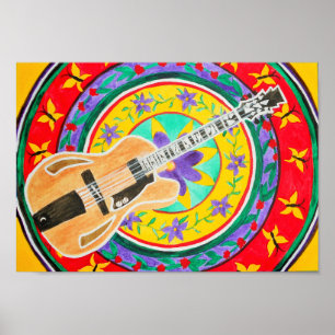 Póster Acuarela de la guitarra y de la mandala