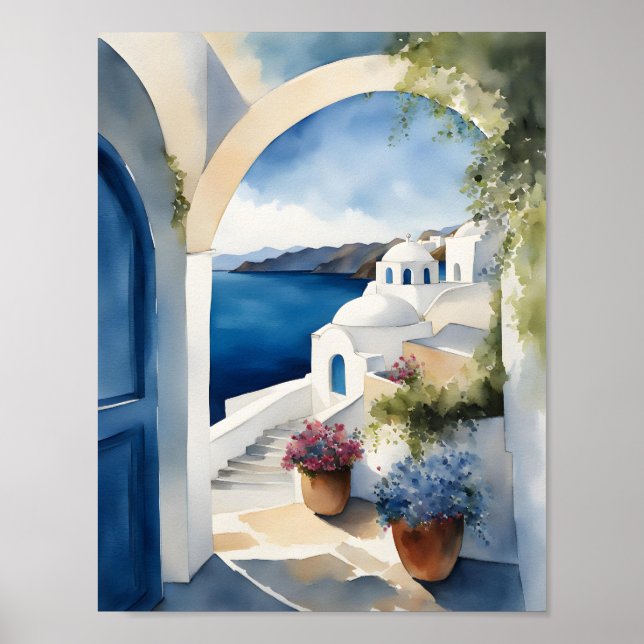 Póster Acuarela de la isla de Grecia de Santorini (Frente)