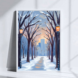 Póster Acuarela de la nevada invernal en Boston Common