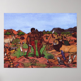 Póster acuarela de la pareja nativa africana y animales s