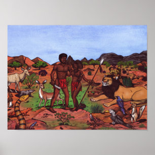 Póster acuarela de la pareja nativa africana y animales s
