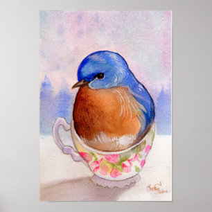 Póster Acuarela de la taza de té del Bluebird