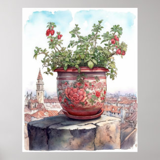 Póster Acuarela de maceta de flores encantadora