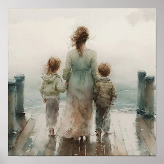 Póster Acuarela de madre y de dos hijos