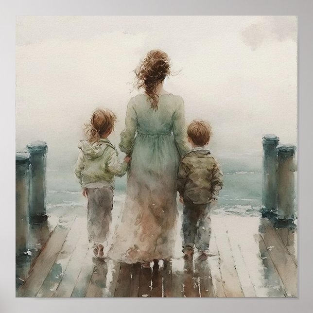 Póster Acuarela de madre y de dos hijos (Frente)