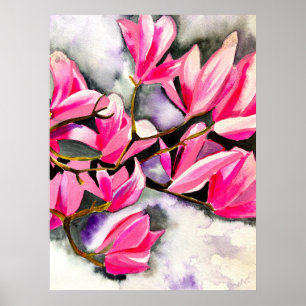 Póster Acuarela de magnolia rosa