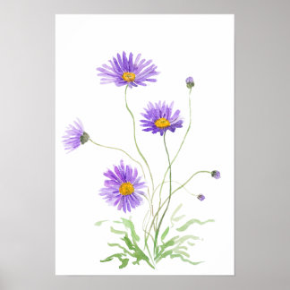 Póster acuarela de margarita morada pintada a mano