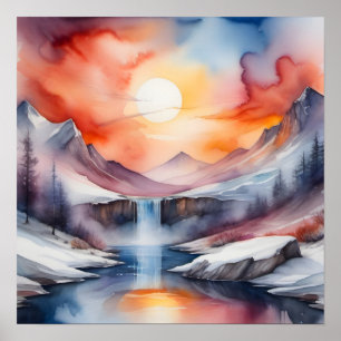 Póster Acuarela de montañas cubiertas de nieve bajo la pu