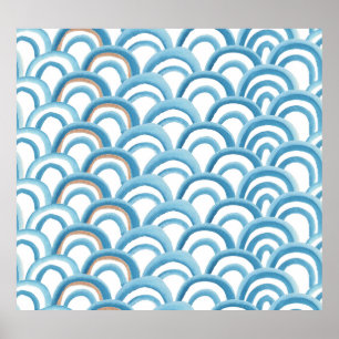 Póster Acuarela de olas azules, pintura sin costura.